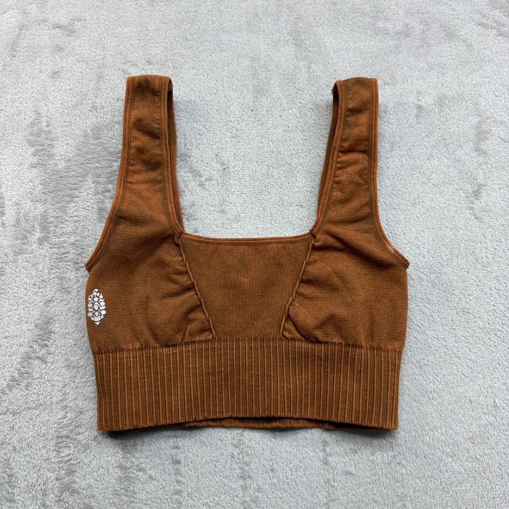 FP Movement Crop Top Women S/M Brown Square Neck Seamless Ribbed Activewear Yoga
